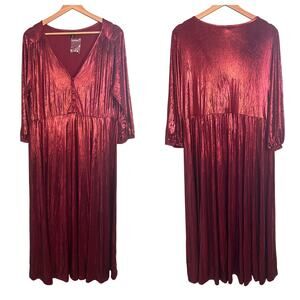 Torrid Womens L (0) Metallic Red Liquid Knit Pleated Tea Length Party Midi Dress